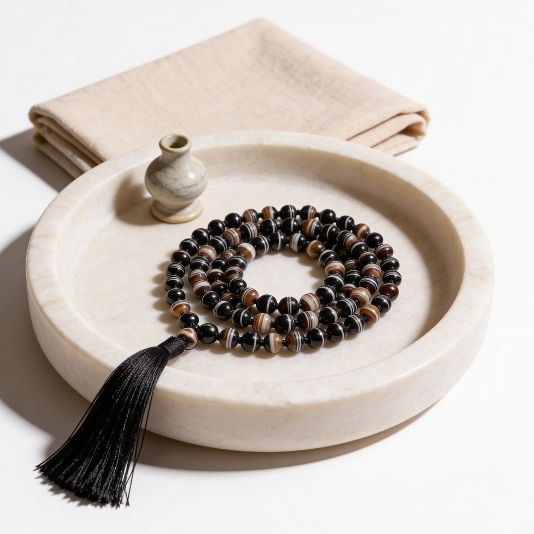 Black Sulemani Hakik Stone Crystal Necklace Japa Mala 108 + 1 Bead (Knotted) - plusvalueindia
