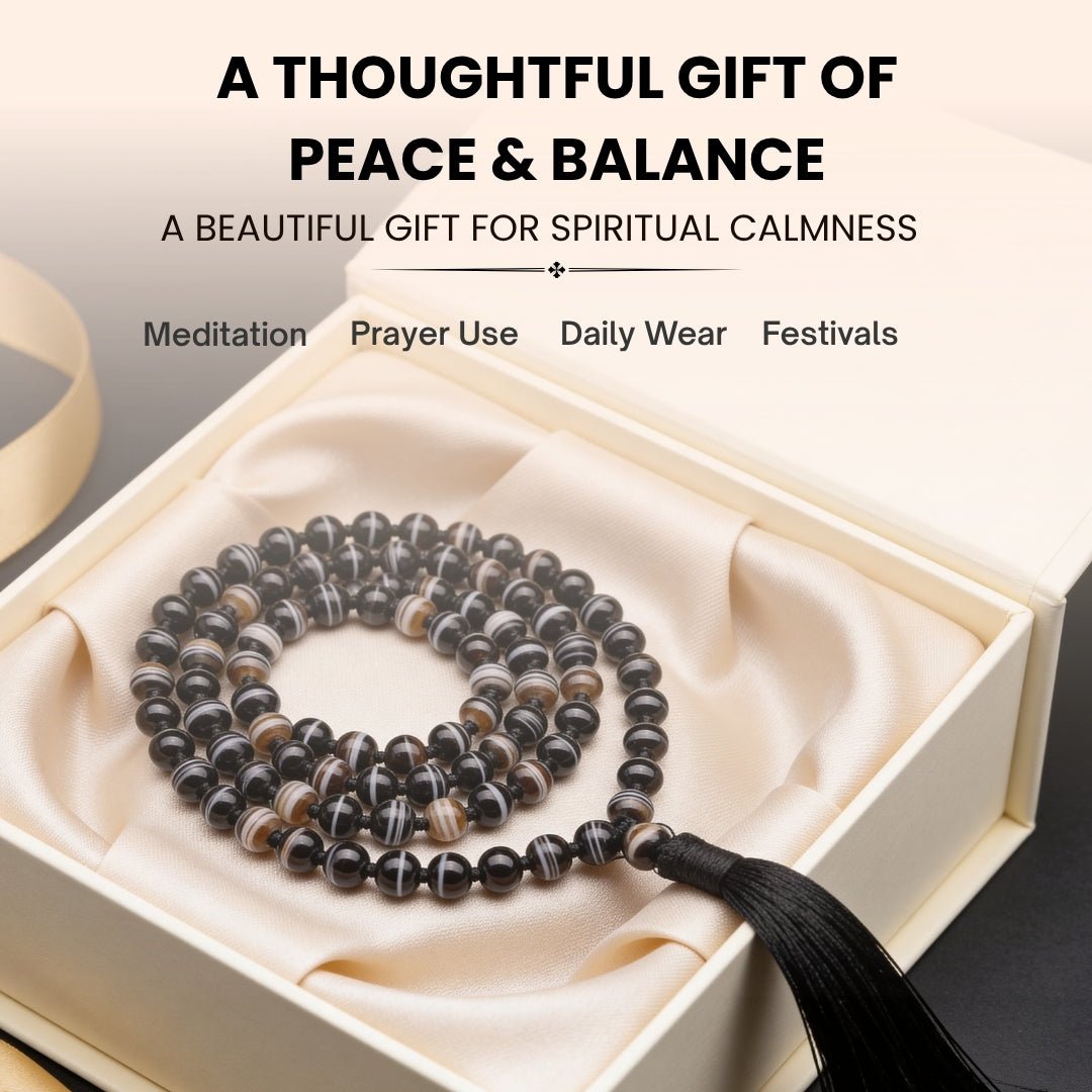 Black Sulemani Hakik Stone Crystal Necklace Japa Mala 108 + 1 Bead (Knotted) - plusvalueindia
