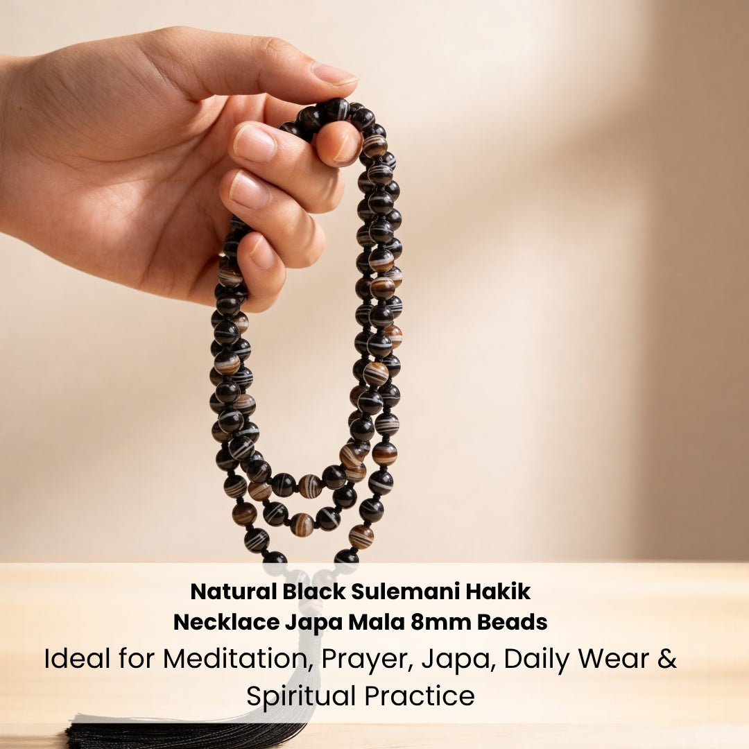 Black Sulemani Hakik Stone Crystal Necklace Japa Mala 108 + 1 Bead (Knotted) - plusvalueindia