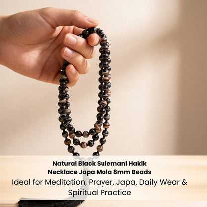 Black Sulemani Hakik Stone Crystal Necklace Japa Mala 108 + 1 Bead (Knotted) - plusvalueindia