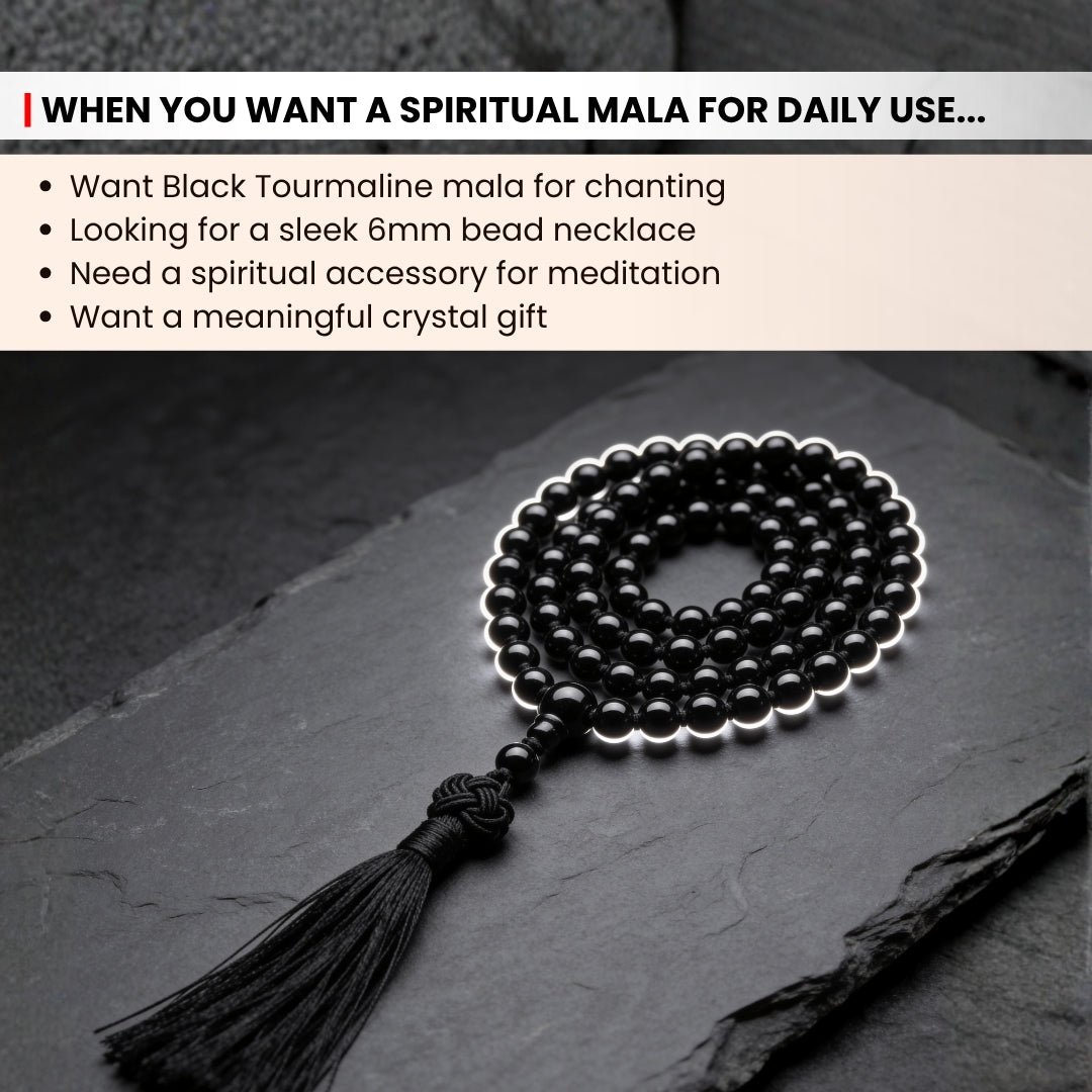 black tourmaline mala with knotted 108 plus 1 bead construction