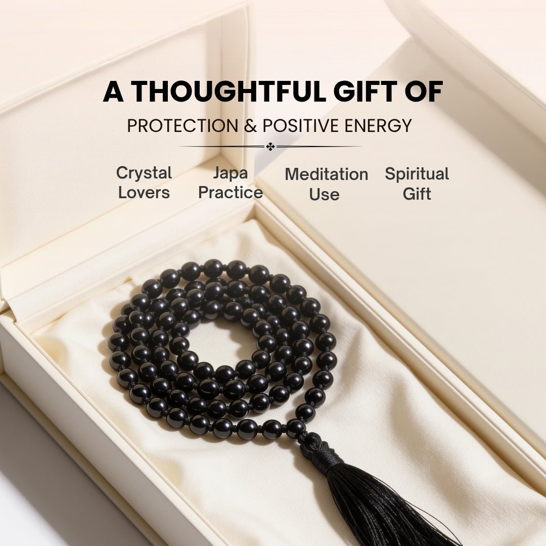 black tourmaline 6 mm bead mala worn as a necklace