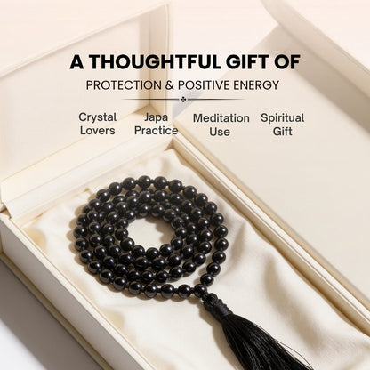black tourmaline 6 mm bead mala worn as a necklace