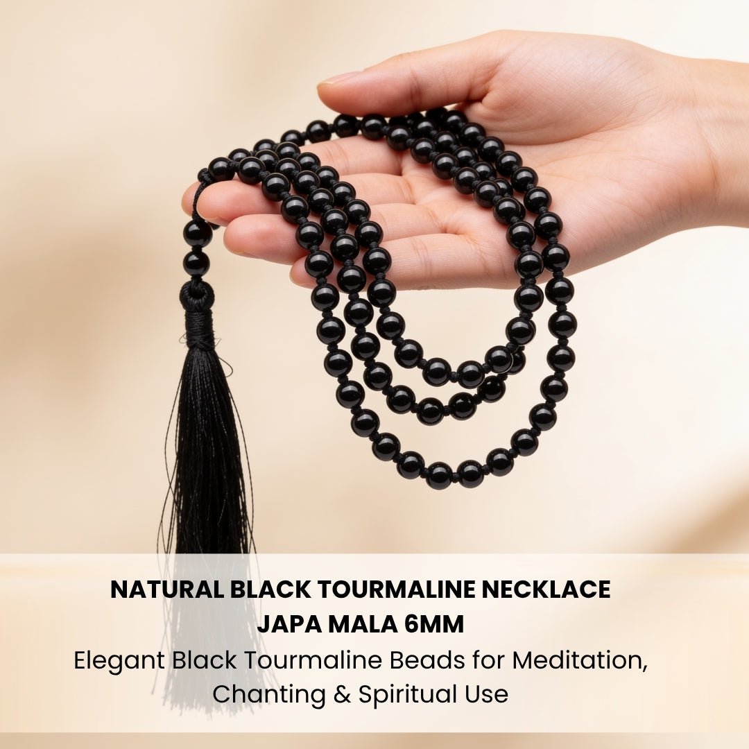 20 inch black tourmaline necklace japa mala shown at full length