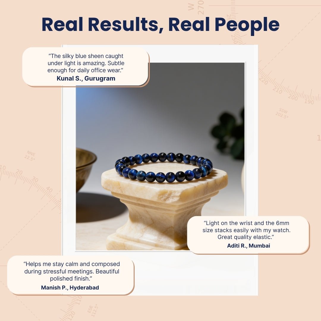 6mm Blue Tiger Eye stretch bracelet displayed on a plush cushion inside an elegant branded gift box with authenticity certificate