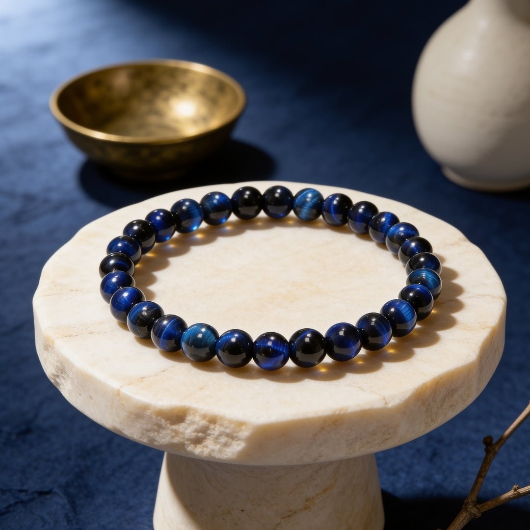 Natural 6mm Blue Tiger Eye (Hawk's Eye) beaded stretch bracelet for mental clarity, stress relief, and communication