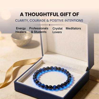 6mm Blue Tiger Eye gemstone bracelet worn on wrist demonstrating subtle dainty bead profile, ergonomic fit, and daily stacking style