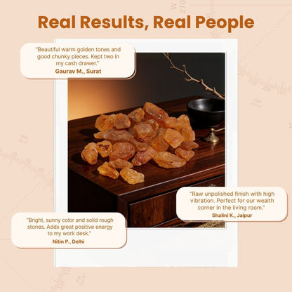 Rough Citrine chunks packed inside a rustic jute pouch within an elegant branded gift box containing a wealth manifestation card