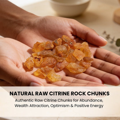 Raw Citrine nuggets displayed beside a cash box, accounts ledger, and golden brass Kuber idol in the North wealth corner of an office