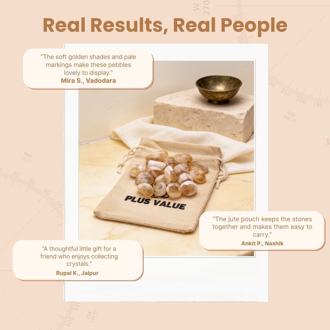 100g golden Citrine tumbled stones spilling out of rustic jute pouch beside an informational gemstone card