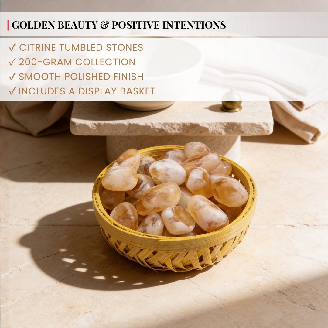 Precision digital scale verifying 200 grams net weight of natural Citrine tumbled pebbles