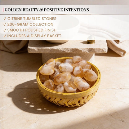 Precision digital scale verifying 200 grams net weight of natural Citrine tumbled pebbles