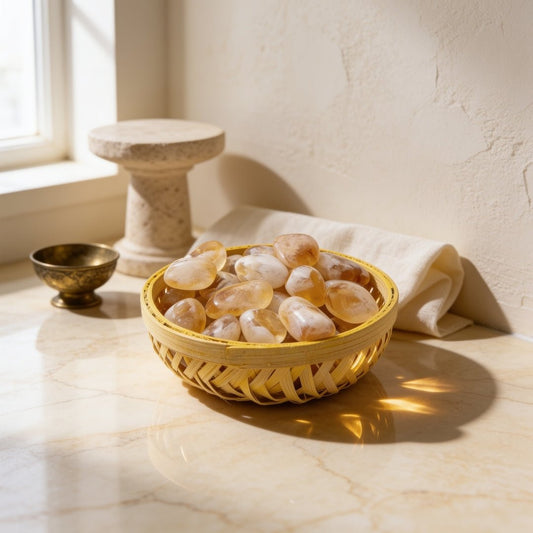 Natural Citrine tumbled stone pebbles 200 grams arranged in handcrafted woven display basket