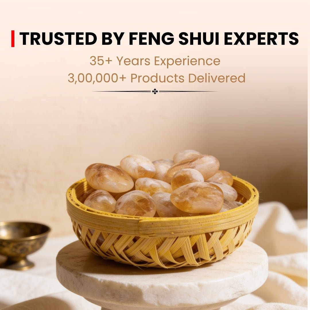 Natural Citrine pebbles in woven basket placed in south-east wealth corner of office or home for prosperity