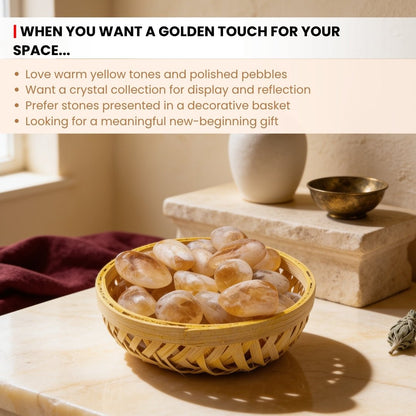 Handwoven natural fiber display basket with sturdy rim and rustic finish holding crystal pebbles