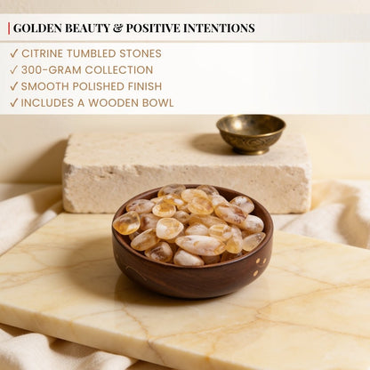 Precision digital scale verifying 300 grams net weight of natural Citrine tumbled quartz pebbles