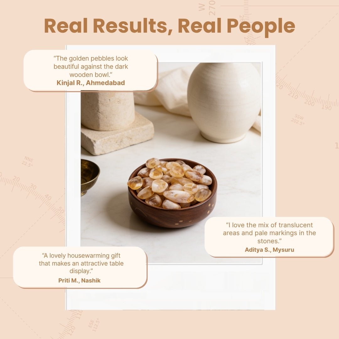 300g Citrine pebbles in rustic wooden bowl presented with metaphysical healing guide for Diwali and housewarming gifts