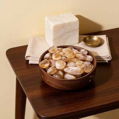Natural Citrine tumbled stone pebbles 300 grams arranged in handcrafted wooden display bowl