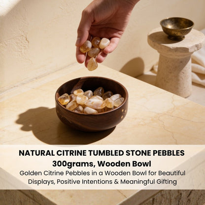Scale and size measurement diagram showing 15 mm to 30 mm natural Citrine tumbled pebbles