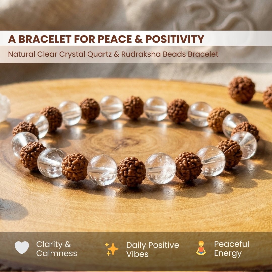 Natural Clear Crystal Quartz & Rudraksha Beads Bracelet - plusvalueindia