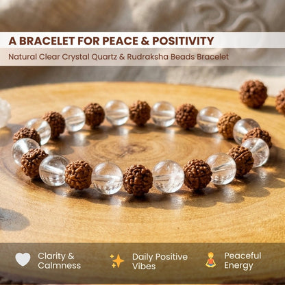 Natural Clear Crystal Quartz & Rudraksha Beads Bracelet - plusvalueindia