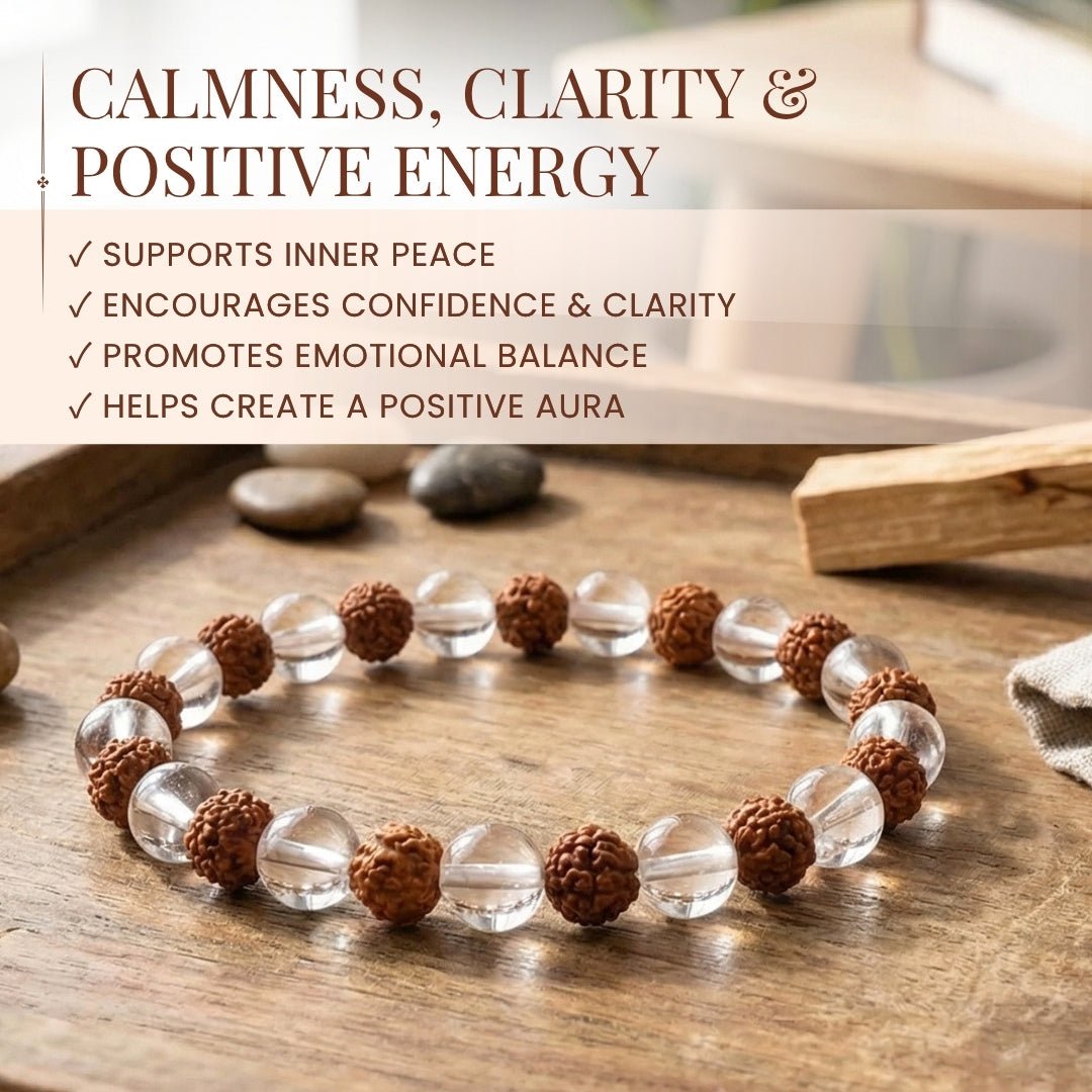 Natural Clear Crystal Quartz & Rudraksha Beads Bracelet - plusvalueindia
