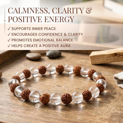 Natural Clear Crystal Quartz & Rudraksha Beads Bracelet - plusvalueindia