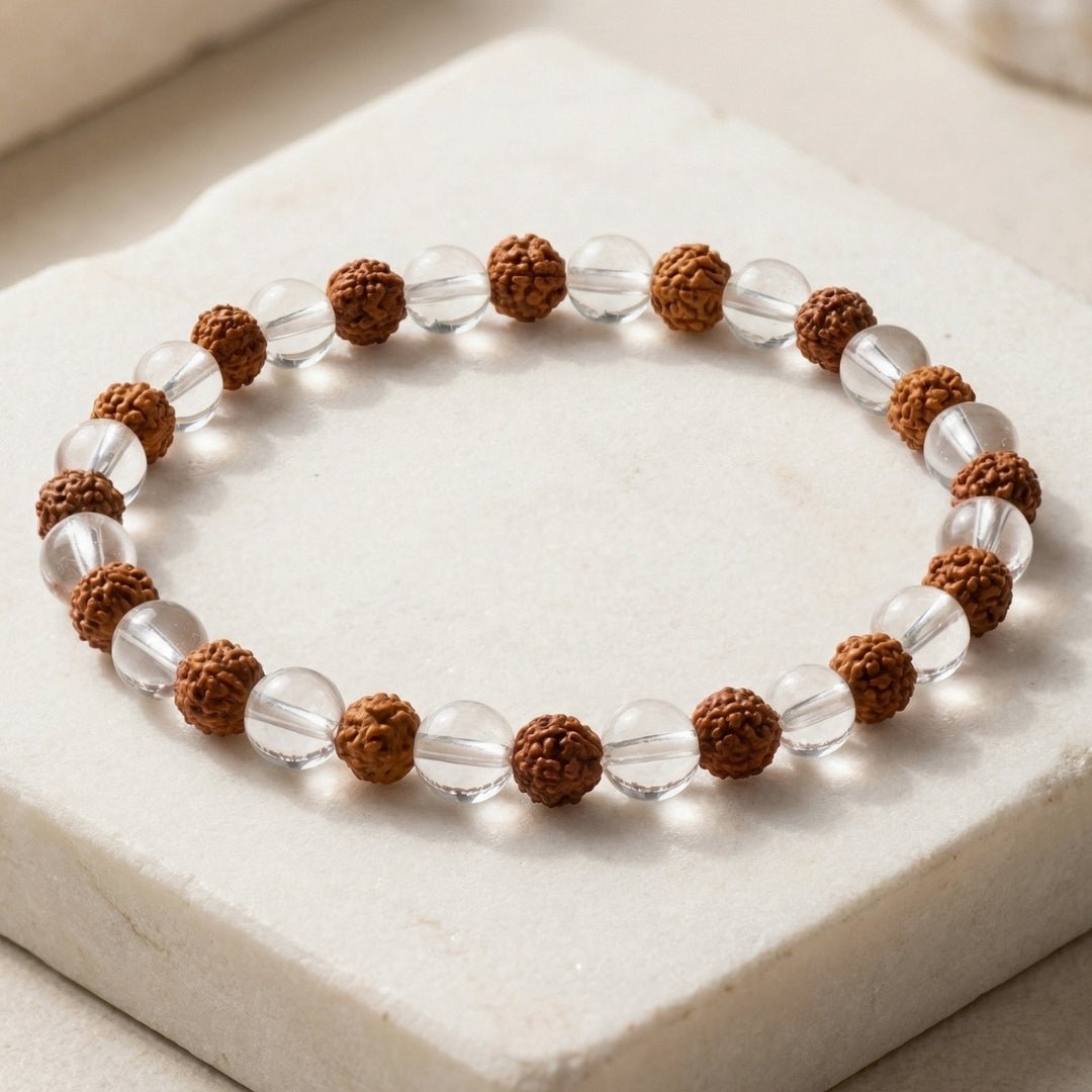 Natural Clear Crystal Quartz & Rudraksha Beads Bracelet - plusvalueindia