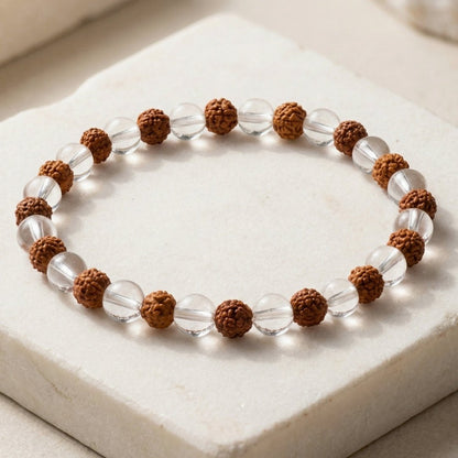 Natural Clear Crystal Quartz & Rudraksha Beads Bracelet - plusvalueindia