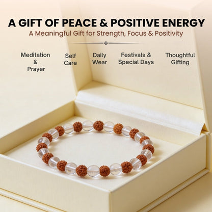 Natural Clear Crystal Quartz & Rudraksha Beads Bracelet - plusvalueindia