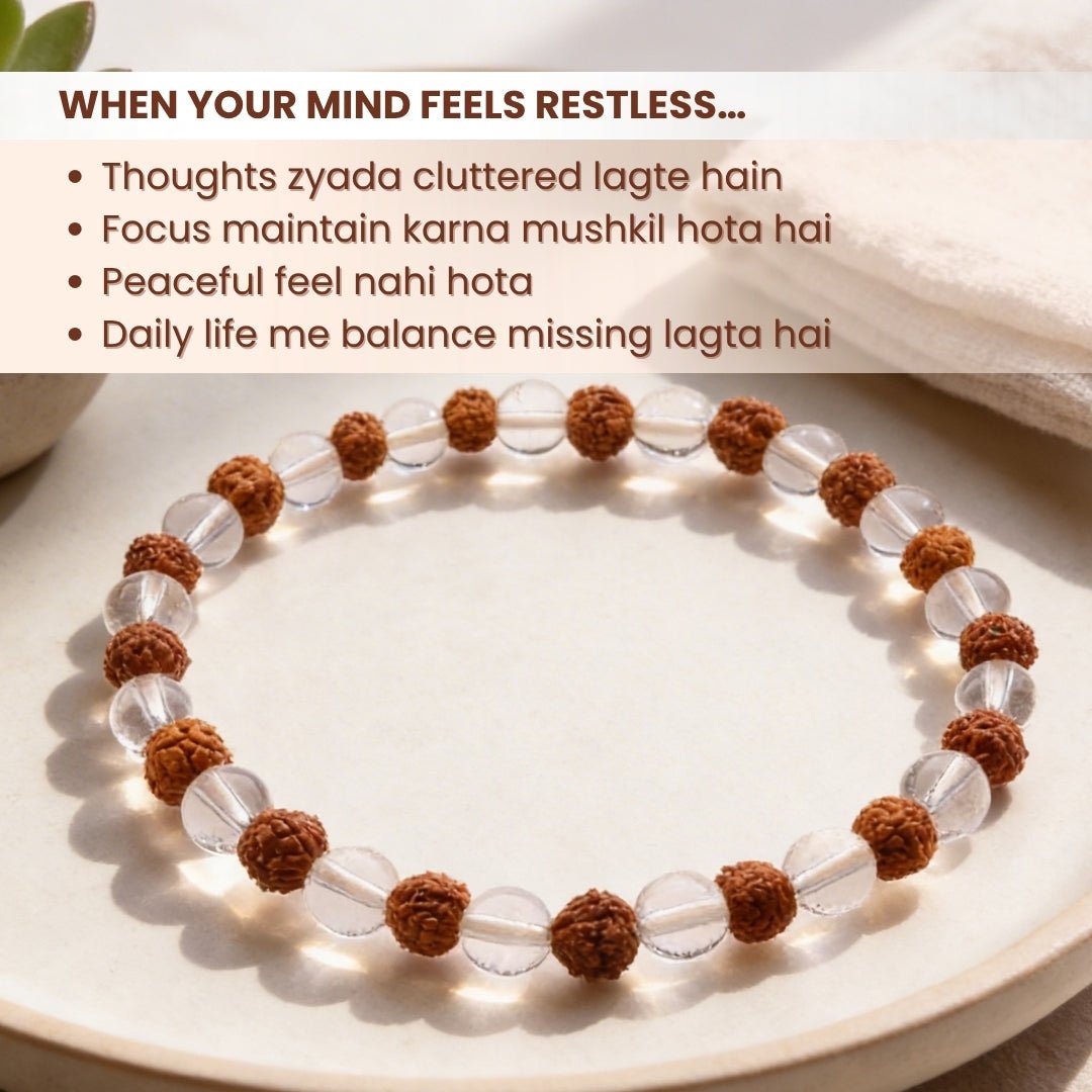 Natural Clear Crystal Quartz & Rudraksha Beads Bracelet - plusvalueindia