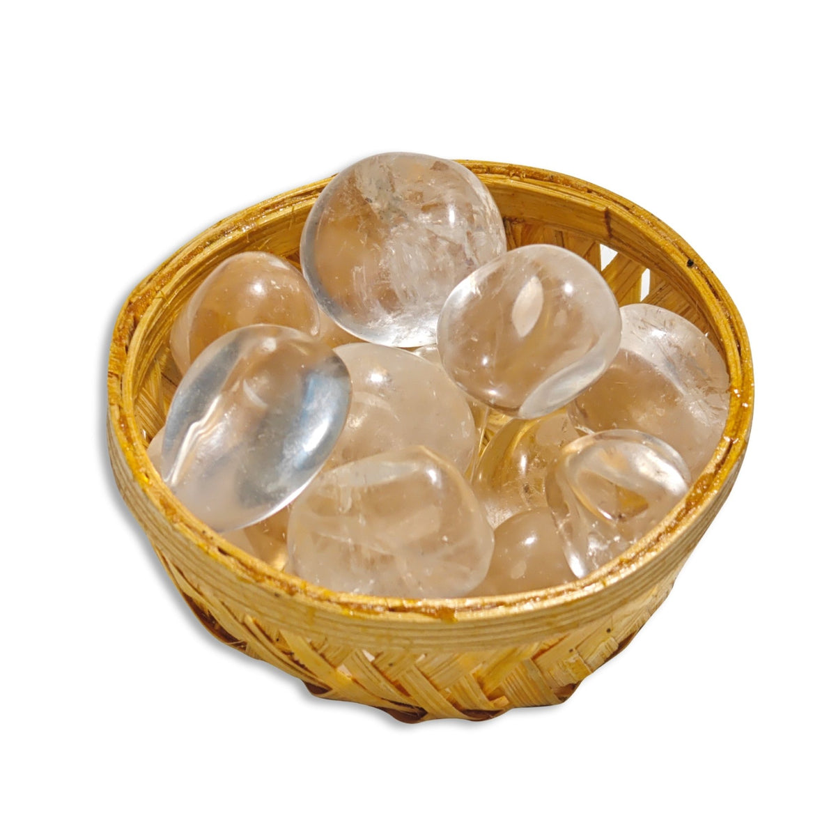 Natural Clear Quartz tumbled stone pebbles 200g arranged in a mini decorative woven basket