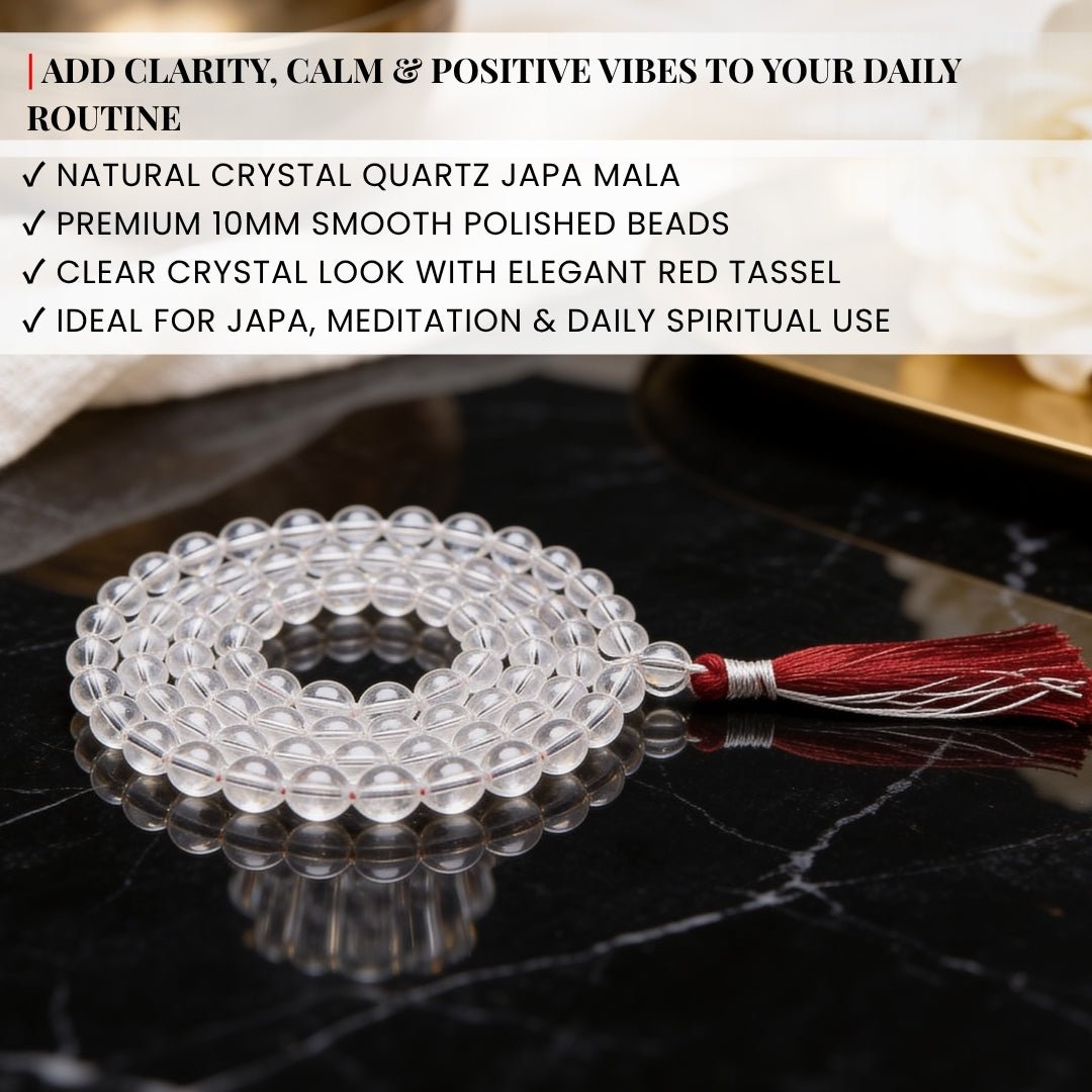 Natural Clear Quartz Crystal Necklace Japa Mala 108 + 1 Bead (Knotted) - plusvalueindia
