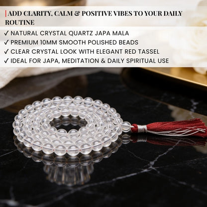 Natural Clear Quartz Crystal Necklace Japa Mala 108 + 1 Bead (Knotted) - plusvalueindia