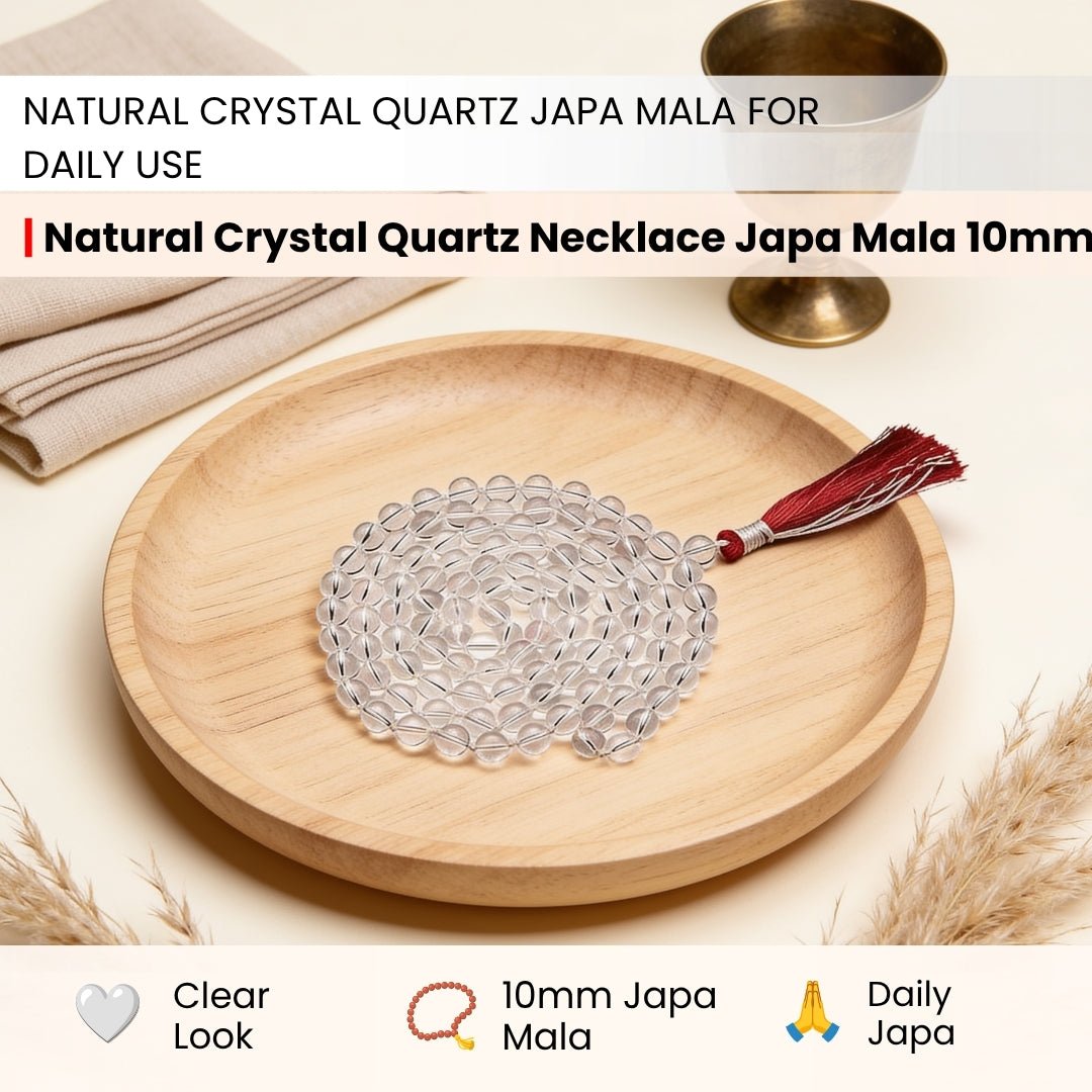 Natural Clear Quartz Crystal Necklace Japa Mala 108 + 1 Bead (Knotted) - plusvalueindia