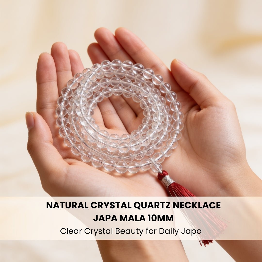 Natural Clear Quartz Crystal Necklace Japa Mala 108 + 1 Bead (Knotted) - plusvalueindia