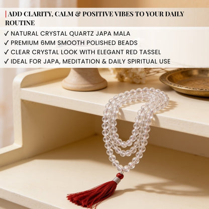 Natural Clear Quartz Crystal Necklace Japa Mala 108 + 1 Bead (Knotted) - plusvalueindia