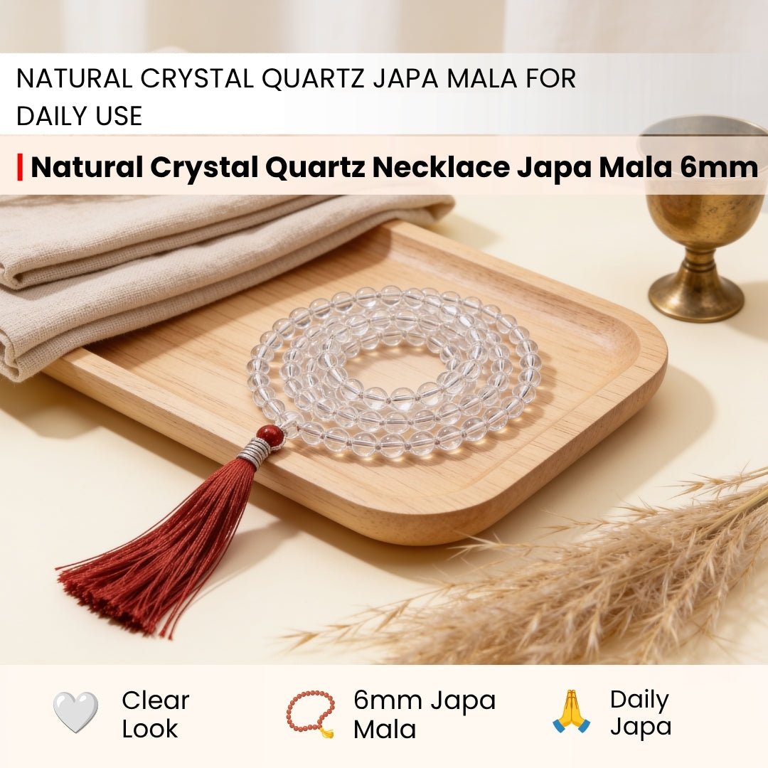 Natural Clear Quartz Crystal Necklace Japa Mala 108 + 1 Bead (Knotted) - plusvalueindia
