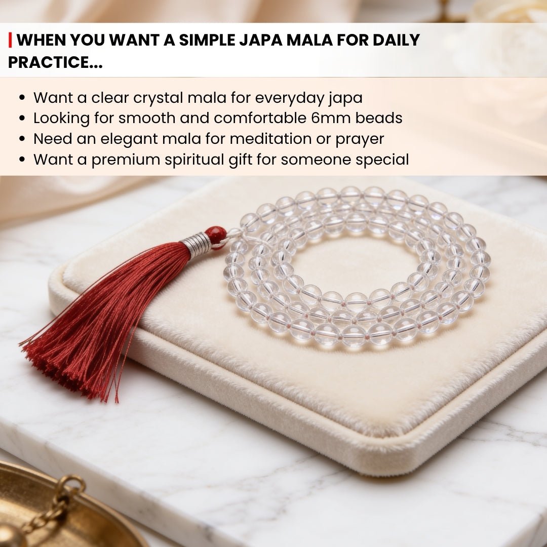 Natural Clear Quartz Crystal Necklace Japa Mala 108 + 1 Bead (Knotted) - plusvalueindia