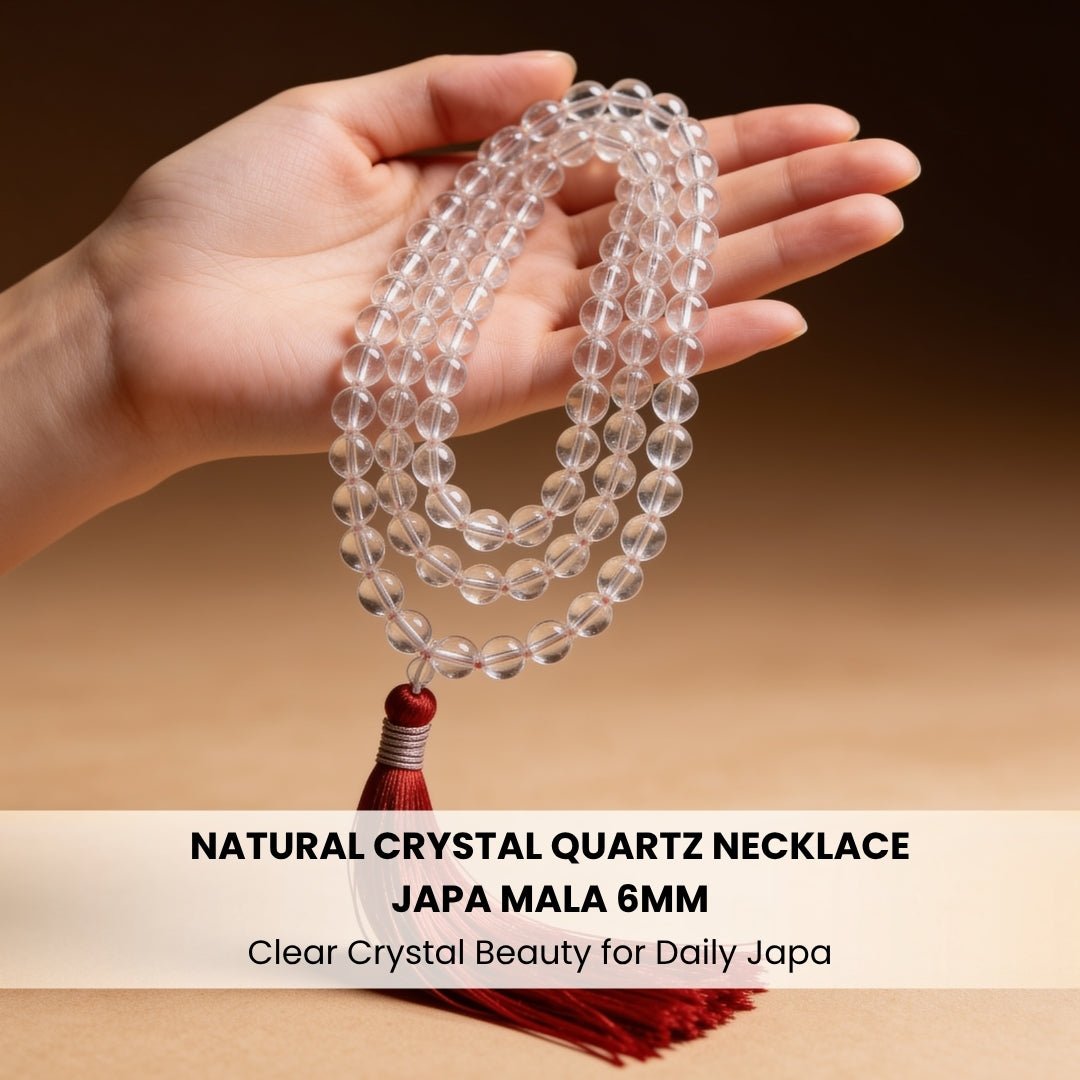 Natural Clear Quartz Crystal Necklace Japa Mala 108 + 1 Bead (Knotted) - plusvalueindia