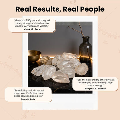Rough Clear Quartz crystal chunks nestled in a protective velvet pouch inside a rigid branded presentation gift box with authenticity certificate