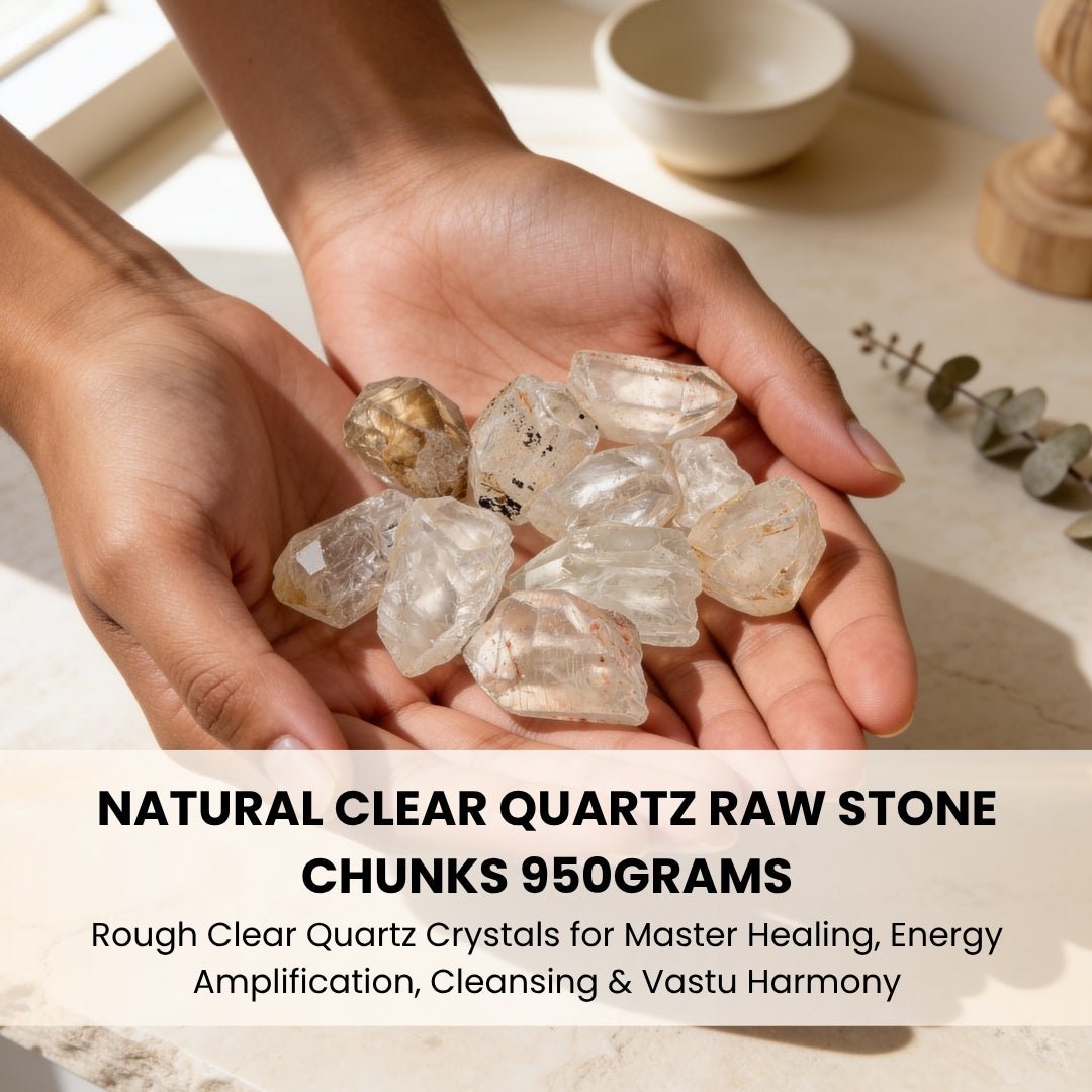 Raw Clear Quartz chunks displayed beside a brass singing bowl, white candle, and sage bundle on a wooden meditation altar