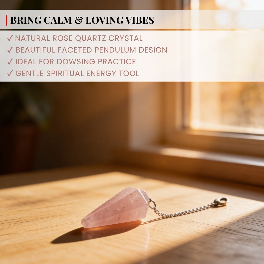 Pink Rose Quartz Crystal Dowsing Pendulum With Free 4 Dowsing Charts & Jute Bag - plusvalueindia