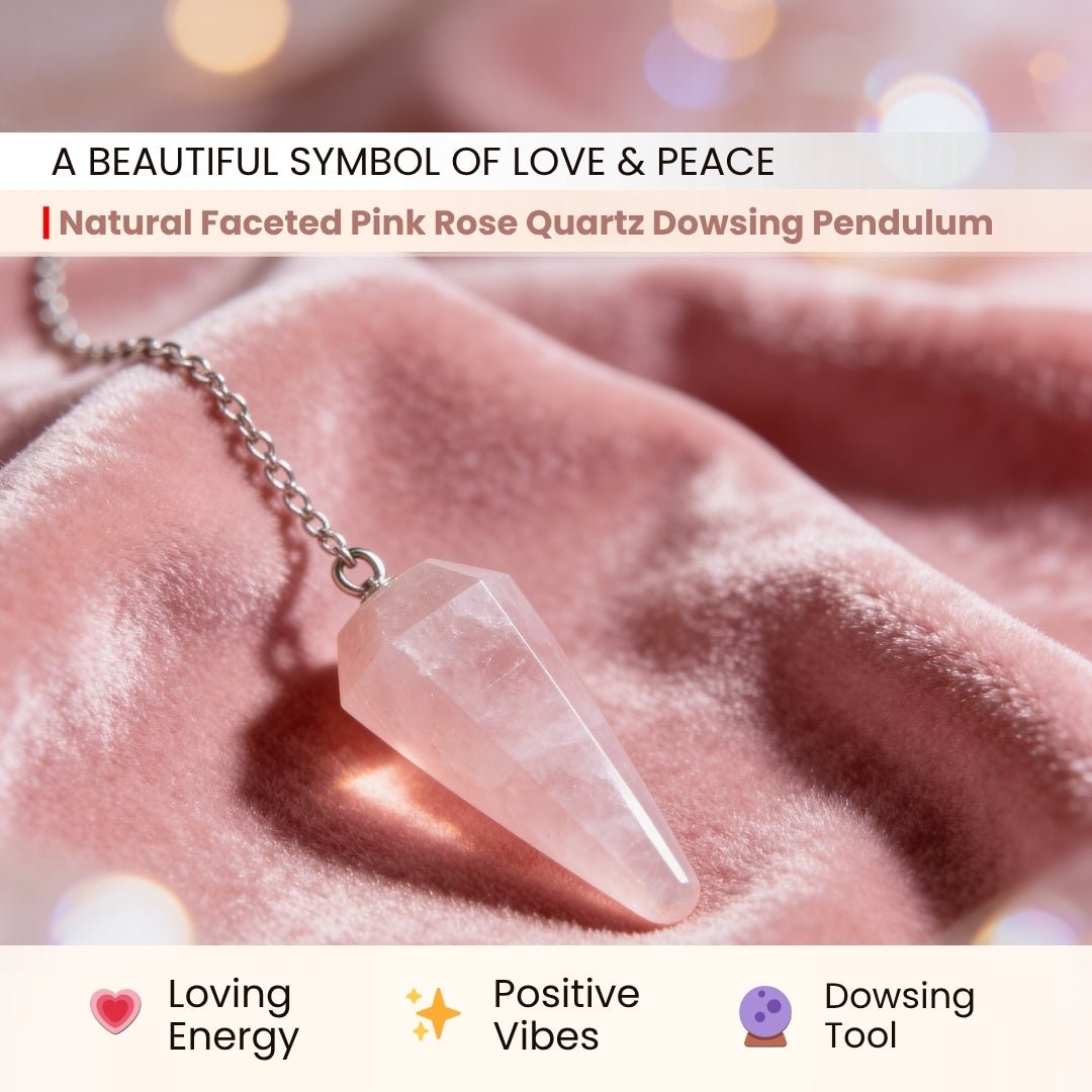Pink Rose Quartz Crystal Dowsing Pendulum With Free 4 Dowsing Charts & Jute Bag - plusvalueindia