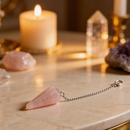 Pink Rose Quartz Crystal Dowsing Pendulum With Free 4 Dowsing Charts & Jute Bag - plusvalueindia