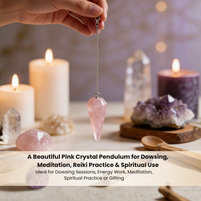 Pink Rose Quartz Crystal Dowsing Pendulum With Free 4 Dowsing Charts & Jute Bag - plusvalueindia
