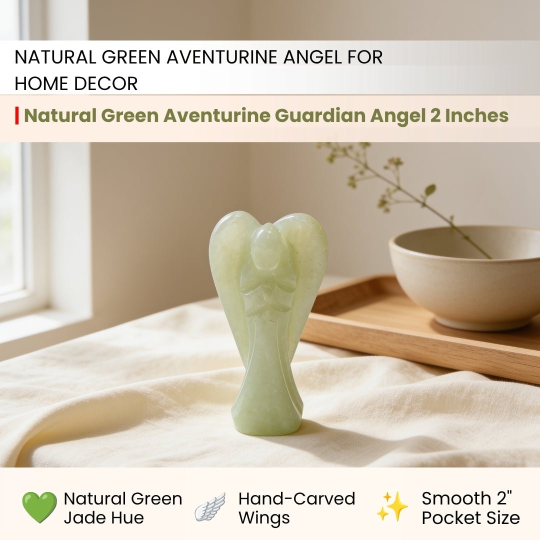 Detailed macro shot showing authentic translucent green aventurine, natural mica mineral specks, smooth wings, and polished finish