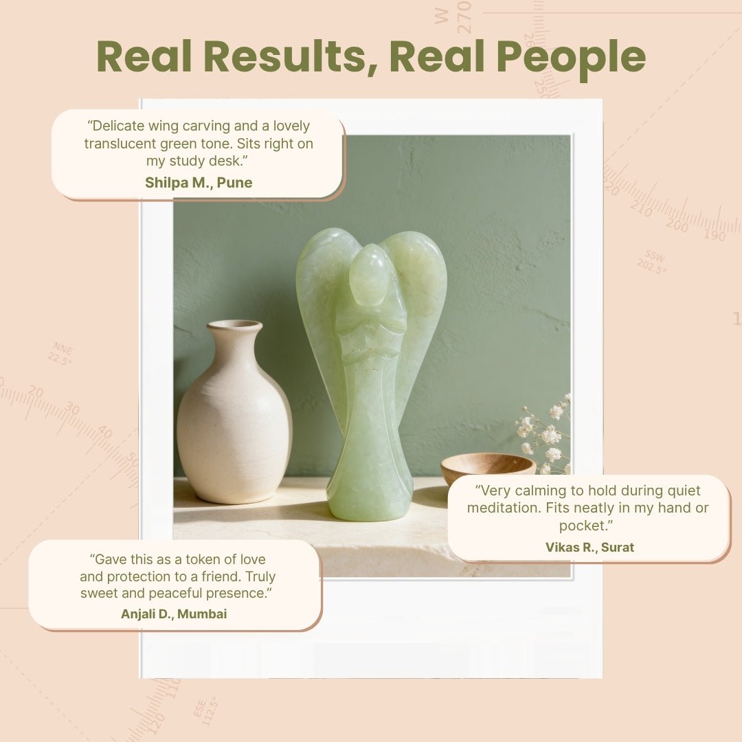 Carved Green Aventurine angel figurine nestled in a soft satin-lined gift box with an inspirational guardian angel blessing card
