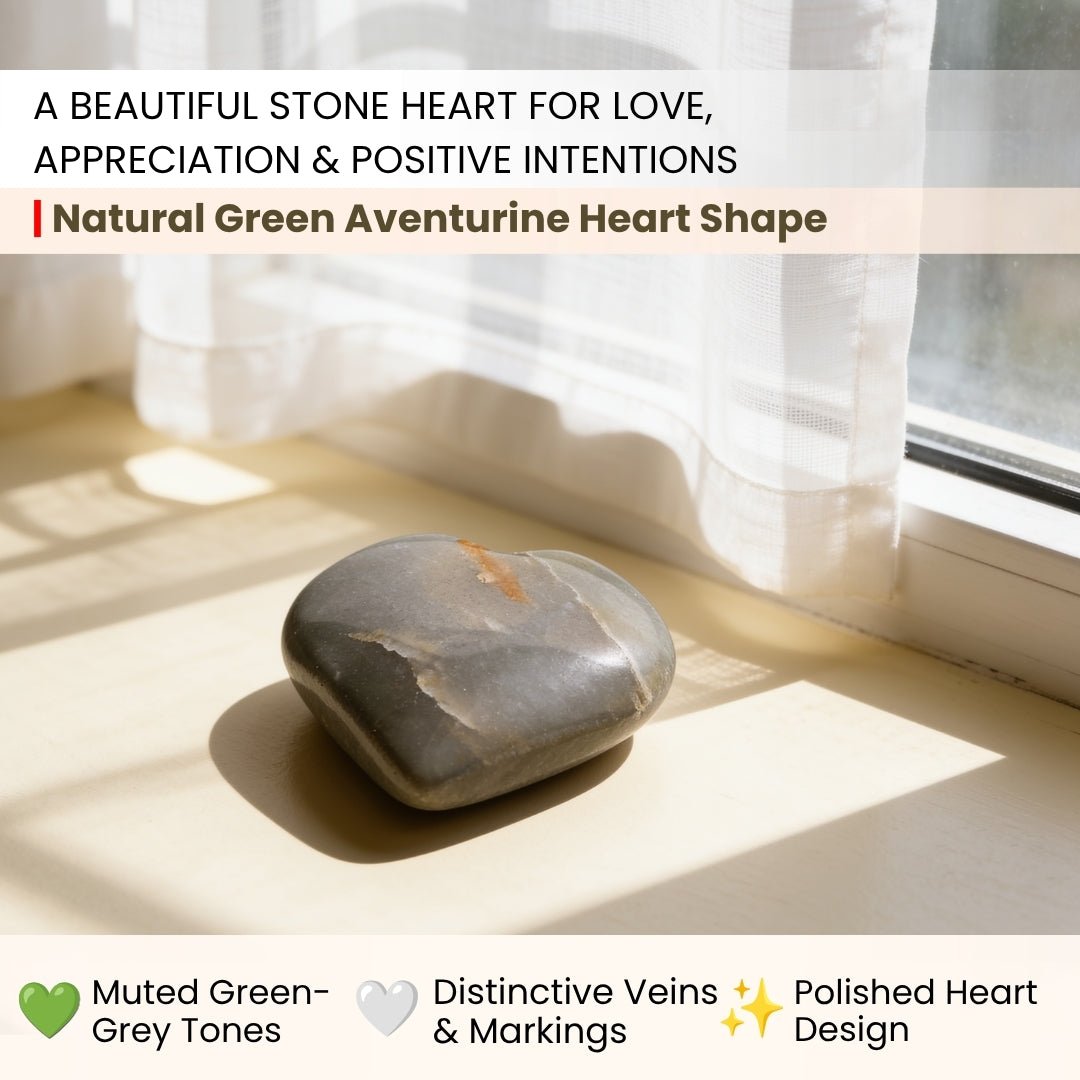 Close-up of polished Green Aventurine heart showing natural shimmering mica flecks and rich green mineral tones