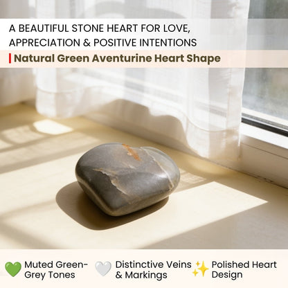Close-up of polished Green Aventurine heart showing natural shimmering mica flecks and rich green mineral tones